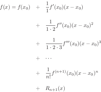\begin{eqnarray*}
f(x) = f(x_0) &+& \frac{1}{1}f^\prime(x_0)(x-x_0) \\ [10pt]
&+& \frac{1}{1\cdot 2}f^{\prime\prime}(x_0)(x-x_0)^2 \\ [10pt]
&+& \frac{1}{1\cdot 2\cdot 3}f^{\prime\prime\prime}(x_0)(x-x_0)^3\\ [10pt]
&+& \cdots\\ [10pt]
&+& \frac{1}{n!}f^{(n+1)}(x_0)(x-x_0)^n\\ [10pt]
&+& R_{n+1}(x)
\end{eqnarray*}