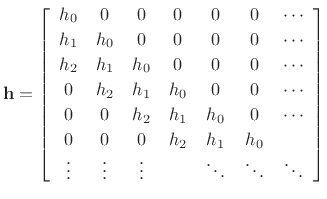 $\displaystyle \mathbf{h}= \left[\begin{array}{ccccccc}
h_0 & 0 & 0 & 0 & 0 & 0 & \cdots\\ [2pt]
h_1 & h_0 & 0 & 0 & 0 & 0 & \cdots\\ [2pt]
h_2 & h_1 & h_0 & 0 & 0 & 0 & \cdots\\ [2pt]
0 & h_2 & h_1 & h_0 & 0 & 0 & \cdots\\ [2pt]
0 & 0 & h_2 & h_1 & h_0 & 0 & \cdots\\ [2pt]
0 & 0 & 0 & h_2 & h_1 & h_0 & \\
\vdots & \vdots & \vdots & & \ddots & \ddots & \ddots
\end{array}\right]
$