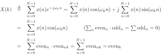 \begin{eqnarray*}
X(k) &\isdef & \sum_{n=0}^{N-1}x(n) e^{-j\omega_k n}
= \sum_{n=0}^{N-1}x(n) \cos(\omega_k n) + j \sum_{n=0}^{N-1}x(n) \sin(\omega_k n) \\
&=& \sum_{n=0}^{N-1}x(n) \cos(\omega_k n) \quad\qquad
\mbox{$\left(\sum_n\mbox{even}_n\cdot\mbox{odd}_n
= \sum \mbox{odd}_n=0\right)$} \\
&=& \sum_{n=0}^{N-1}\mbox{even}_n\cdot\mbox{even}_{nk}
= \sum_{n=0}^{N-1}\mbox{even}_{nk}
= \mbox{even}_k
\end{eqnarray*}
