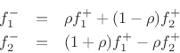 \begin{eqnarray*}
f^{{-}}_1 &=& \rho f^{{+}}_1 + (1-\rho) f^{{+}}_2
\protect
\\
f^{{-}}_2 &=& (1+\rho)f^{{+}}_1 - \rho f^{{+}}_2
\protect
\end{eqnarray*}