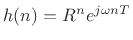 \begin{eqnarray*}
H(z) &=& \sum_{n=0}^\infty R^n e^{j\omega nT} z^{-n}\\
&=& \sum_{n=0}^\infty \left(R e^{j\omega T}z^{-1}\right)^{n}\\
&=& \frac{1}{1-Re^{j\omega T}z^{-1}},
\end{eqnarray*}