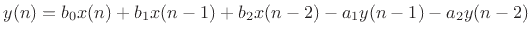 $ y(n) = b_0 x(n) + b_1 x(n - 1) + b_2 x(n - 2) - a_1 y(n - 1) - a_2 y(n - 2)$