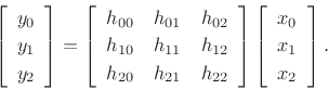 \begin{eqnarray*}
C_3(0)&=&\frac{1}{3}\left[
\begin{array}{ccc}
1 & 1 & 1 \\ [2pt]
1 & 1 & 1 \\ [2pt]
1 & 1 & 1
\end{array}\right], \\ [5pt]
C_3(1)&=&\frac{1}{3}\left[
\begin{array}{ccc}
1 & e^{j2\pi\frac{1}{3}} & e^{j2\pi\frac{2}{3}} \\ [2pt]
1 & e^{j2\pi\frac{1}{3}} & e^{j2\pi\frac{2}{3}} \\ [2pt]
1 & e^{j2\pi\frac{1}{3}} & e^{j2\pi\frac{2}{3}}
\end{array}\right]
=\frac{1}{3}\left[
\begin{array}{ccc}
1 & e^{j\frac{2\pi}{3}} & e^{-j\frac{2\pi}{3}} \\ [2pt]
1 & e^{j\frac{2\pi}{3}} & e^{-j\frac{2\pi}{3}} \\ [2pt]
1 & e^{j\frac{2\pi}{3}} & e^{-j\frac{2\pi}{3}}
\end{array}\right],\\ [5pt]
C_3(2)&=&\frac{1}{3}\left[
\begin{array}{ccc}
1 & e^{j2\pi\frac{2}{3}} & e^{j2\pi\frac{4}{3}} \\ [2pt]
1 & e^{j2\pi\frac{2}{3}} & e^{j2\pi\frac{4}{3}} \\ [2pt]
1 & e^{j2\pi\frac{2}{3}} & e^{j2\pi\frac{4}{3}}
\end{array}\right]
=\frac{1}{3}\left[
\begin{array}{ccc}
1 & e^{-j\frac{2\pi}{3}} & e^{j\frac{2\pi}{3}} \\ [2pt]
1 & e^{-j\frac{2\pi}{3}} & e^{j\frac{2\pi}{3}} \\ [2pt]
1 & e^{-j\frac{2\pi}{3}} & e^{j\frac{2\pi}{3}}
\end{array}\right].
\end{eqnarray*}