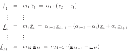 \begin{eqnarray*}
\underline{f}_1 &=& m_1 \,\underline{{\ddot x}}_1 \eqsp \alpha_1\cdot(\underline{x}_2-\underline{x}_1)\\
\vdots && \vdots\\
\underline{f}_i &=& m_i \,\underline{{\ddot x}}_i \eqsp \alpha_{i-1}\,\underline{x}_{i-1} - (\alpha_{i-1}+\alpha_i)\,\underline{x}_i + \alpha_i\,\underline{x}_{i+1}\\
\vdots && \vdots\\
\underline{f}_M &=& m_M \,\underline{{\ddot x}}_M \eqsp \alpha_{M-1}\cdot(\underline{x}_{M-1} - \underline{x}_M)
\end{eqnarray*}