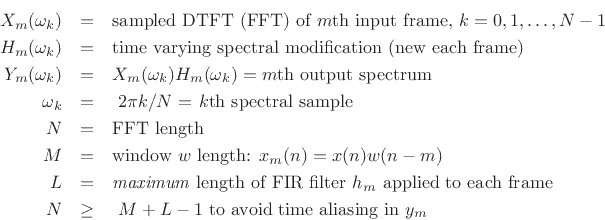 \begin{eqnarray*}
X_m(\omega_k) &=& \hbox{sampled DTFT (FFT) of $m$th input frame, $k=0,1,\ldots,N-1$}\\
H_m(\omega_k) &=& \hbox{time varying spectral modification (new each frame)}\\
Y_m(\omega_k) &=& \hbox{$X_m(\omega_k) H_m(\omega_k) = m$th output spectrum}\\
\omega_k &=&\hbox{ $2\pi k / N$\ = $k$th spectral sample}\\
N &=& \hbox{FFT length}\\
M &=& \hbox{window $w$\ length: $x_m(n) = x(n)w(n-m)$}\\
L &=& \hbox{\emph{maximum} length of FIR filter $h_m$\ applied to each frame}\\
N &\ge& \hbox{ $M+L-1$\ to avoid time aliasing in $y_m$}
\end{eqnarray*}