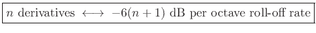 $\displaystyle \zbox {\hbox{$n$\ derivatives} \;\longleftrightarrow\;-6(n+1) \hbox{ dB per octave roll-off rate}}$