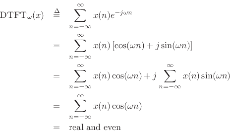 \begin{eqnarray*}
\hbox{\sc DTFT}_\omega(x)
& \isdef & \sum_{n=-\infty}^{\infty}x(n) e^{-j\omega n}\\
& = & \sum_{n=-\infty}^{\infty}x(n) \left[\cos(\omega n) + j\sin(\omega n)\right]\\
& = & \sum_{n=-\infty}^{\infty}x(n) \cos(\omega n) + j\sum_{n=-\infty}^{\infty}x(n)\sin(\omega n)\\
& = & \sum_{n=-\infty}^{\infty}x(n) \cos(\omega n)\\
& = & \hbox{real and even}
\end{eqnarray*}