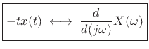 $\displaystyle \zbox {-t x(t) \;\longleftrightarrow\;\frac{d}{d(j\omega)}X(\omega)}$