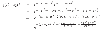 \begin{eqnarray*}
x_1(t)\cdot x_2(t)
&=& e^{-p_1(t+c_1)^2} e^{-p_2(t+c_2)^2}\\
&=& e^{-p_1 t^2 - 2 p_1 c_1 t - p_1 c_1^2 -p_2 t^2 - 2 p_2 c_2 t - p_2 c_2^2}\\
&=& e^{-(p_1+p_2) t^2 - 2 (p_1 c_1 + p_2 c_2) t - (p_1 c_1^2 + p_2 c_2^2)}\\
&=& e^{-(p_1+p_2)\left[t^2 + 2\frac{p_1 c_1 + p_2 c_2}{p_1 + p_2} t
+ \frac{p_1 c_1^2 + p_2 c_2^2}{p_1 + p_2}\right]}
\end{eqnarray*}