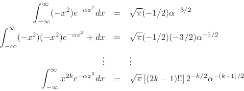 \begin{eqnarray*}
\int_{-\infty}^\infty (-x^2) e^{-\alpha x^2} dx &=& \sqrt{\pi}(-1/2)\alpha^{-3/2}\\
\int_{-\infty}^\infty (-x^2)(-x^2) e^{-\alpha x^2} + dx &=& \sqrt{\pi}(-1/2)(-3/2)\alpha^{-5/2}\\
\vdots & & \vdots\\
\int_{-\infty}^\infty x^{2k} e^{-\alpha x^2} dx &=& \sqrt{\pi}\,[(2k-1)!!]\,2^{-k/2}\alpha^{-(k+1)/2}
\end{eqnarray*}