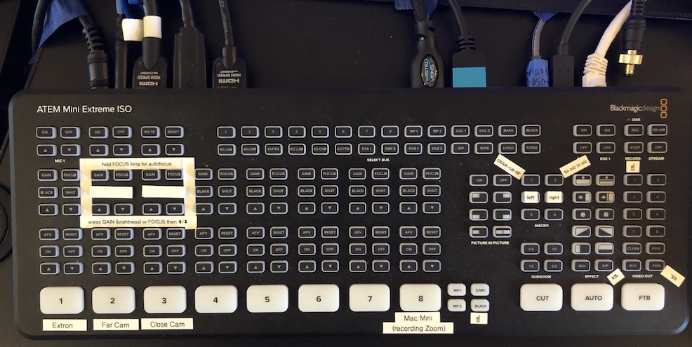 Photograph of ATEM video switcher with labeled buttons. Note that the power is off because the power input (upper right corner of photo) is physically unplugged (making it easier to read the labels in this photo).