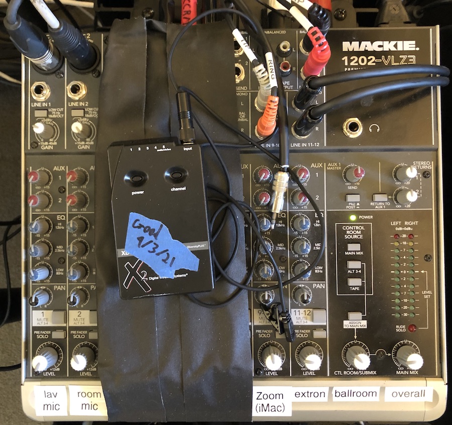 Photograph of the Mackie 1202 audio mixer with labeled inputs and ouputs.