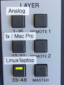 The labeled Layer selection interface of the DM1000 in Studio E, with input channels 33-48 selected.
