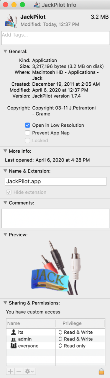 OSX “Get Info” window for JackPilot, shopwing “Open in Low Resolution” checked.