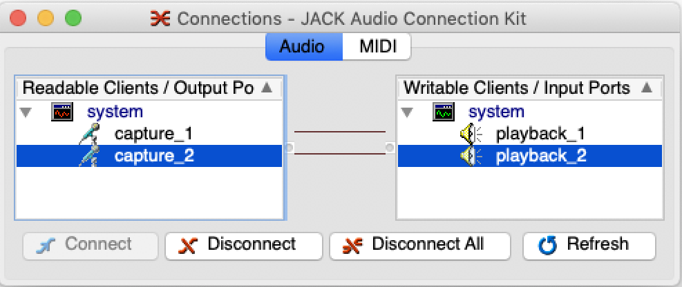 Screenshot of QjackCtl’s Connect window with a connection from each audio input (e.g., two mics) to the corresponding audio output (e.g., mic 1 in the left speaker and mic 2 in the right speaker)