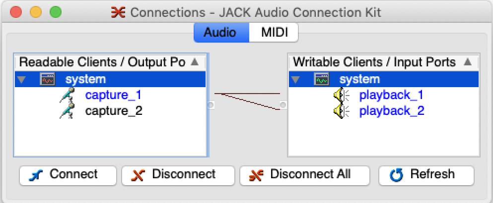 Screenshot of QjackCtl’s Connect window with audio input (mic) 1 connected to both audio outputs, e.g., a mic appearing equally in both ears of a pair of headphones.
