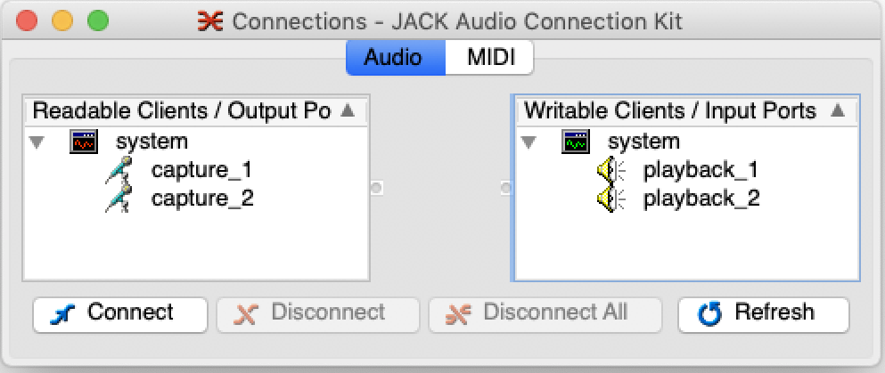 Screenshot of QjackCtl’s Connect window with JACK running and connected to two channels each of audio hardware input (“capture”) and output (“playback”).