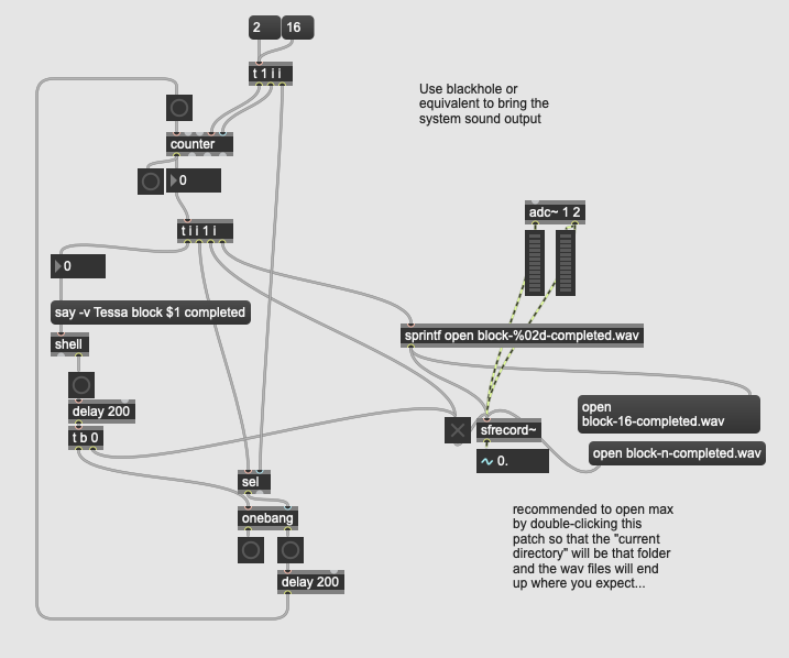 Screenshot of Max patch demonstrating use of the shell object to invoke command-line programs from within Max/MSP.