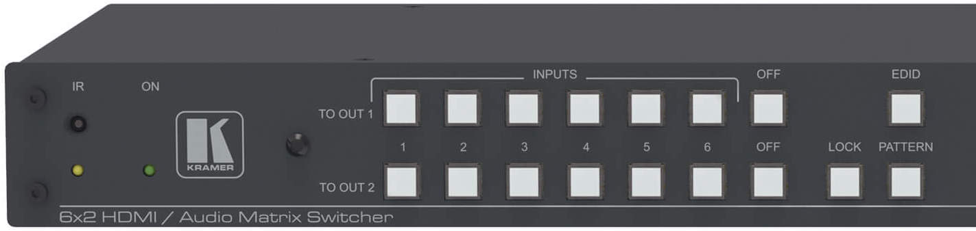 Left side of front panel of a Kramer VS62HA 6x2 video matrix switcher