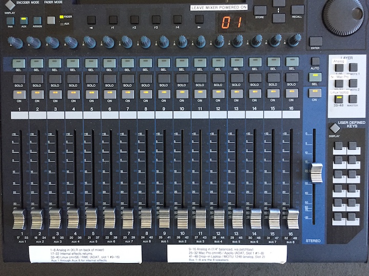 The labeled faders of the DM1000 in Studio E, each with 4 possibilities