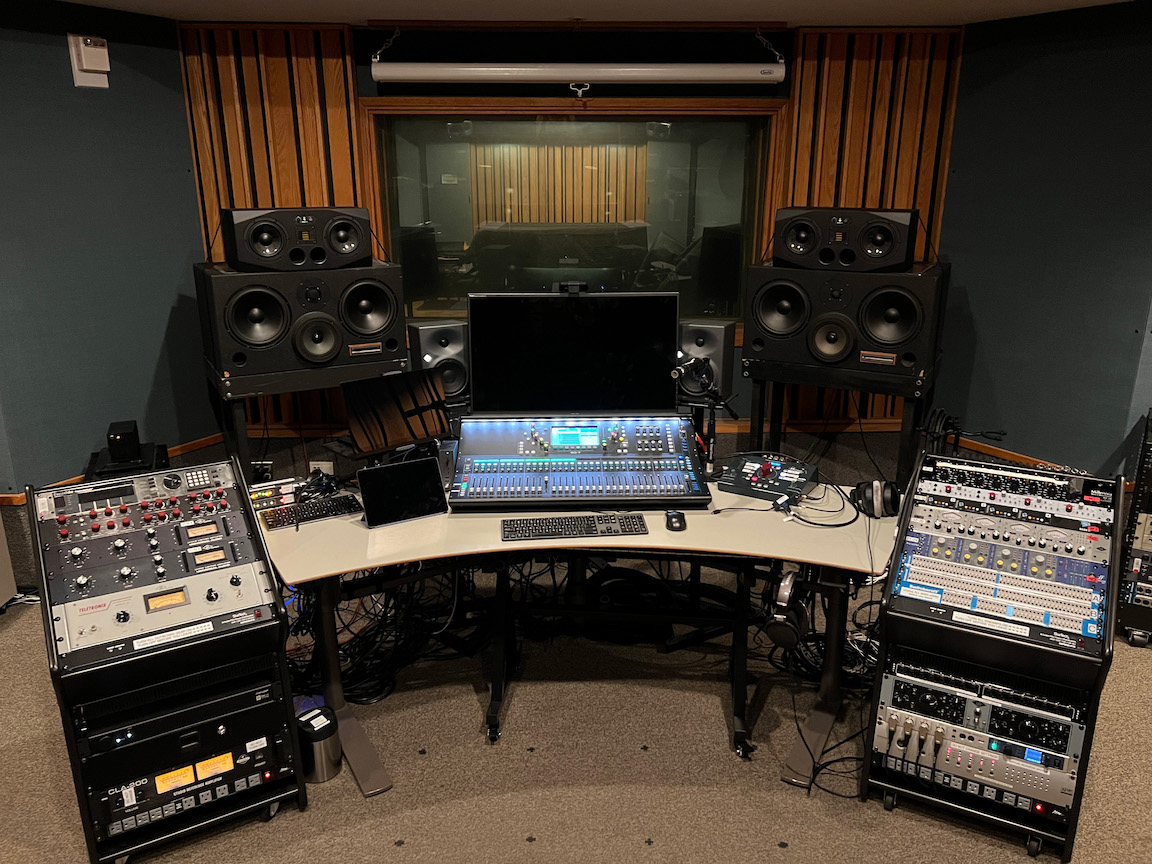 View from the Control Room, showing most equipment and the window into the Live Room
