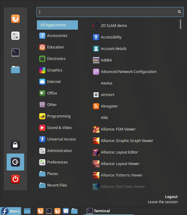 The Fedora menu that appears when you click the icon in the lower left corner of the screen, with the mouse hovering over the “Logout” button