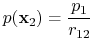 $\displaystyle p(\mathbf{x}_2) = \frac{p_1}{r_{12}}
$