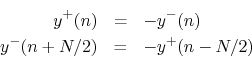 \begin{eqnarray*}
y^{+}(n) &=& -y^{-}(n) \\
y^{-}(n+N/2) &=& -y^{+}(n-N/2)
\end{eqnarray*}