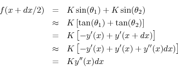 \begin{eqnarray*}
f(x+dx/2) &=& K\sin(\theta_1) + K\sin(\theta_2)\\
&\approx& K...
...\approx& K\left[-y'(x) + y'(x)+y''(x)dx)\right]\\
&=& Ky''(x)dx
\end{eqnarray*}