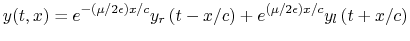 $\displaystyle y(t,x) = e^{-{\left(\mu/2\epsilon \right)}{x/c}} y_r\left(t-{x/c}\right)
+ e^{{\left(\mu/2\epsilon \right)}{x/c}} y_l\left(t+{x/c}\right)
$