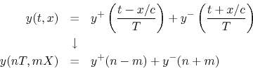 \begin{eqnarray*}
y(t,x) &=& y^{+}\left(\frac{t-x/c}{T}\right) + y^{-}\left(\fra...
...ight) \\
&\downarrow& \\
y(nT,mX) &=& y^{+}(n-m) + y^{-}(n+m)
\end{eqnarray*}