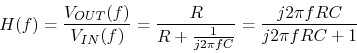 \begin{displaymath}
H(f) = \frac{V_{OUT}(f)}{V_{IN}(f)} = \frac{R}{R +
\frac{1}{j2\pi fC}} = \frac{j2\pi fRC}{j2\pi fRC + 1}
\end{displaymath}