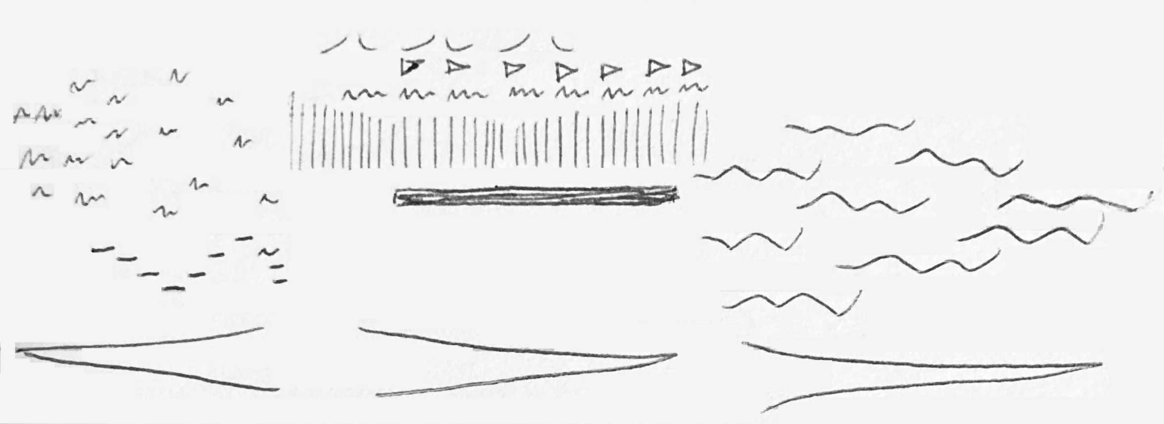 a graphic score, with a flock of squiggles (with a crescendo beneath them) going into a section of straight vertical lines (with a dimenuedo below), back into looser squiggles (with a dimenuedo below)