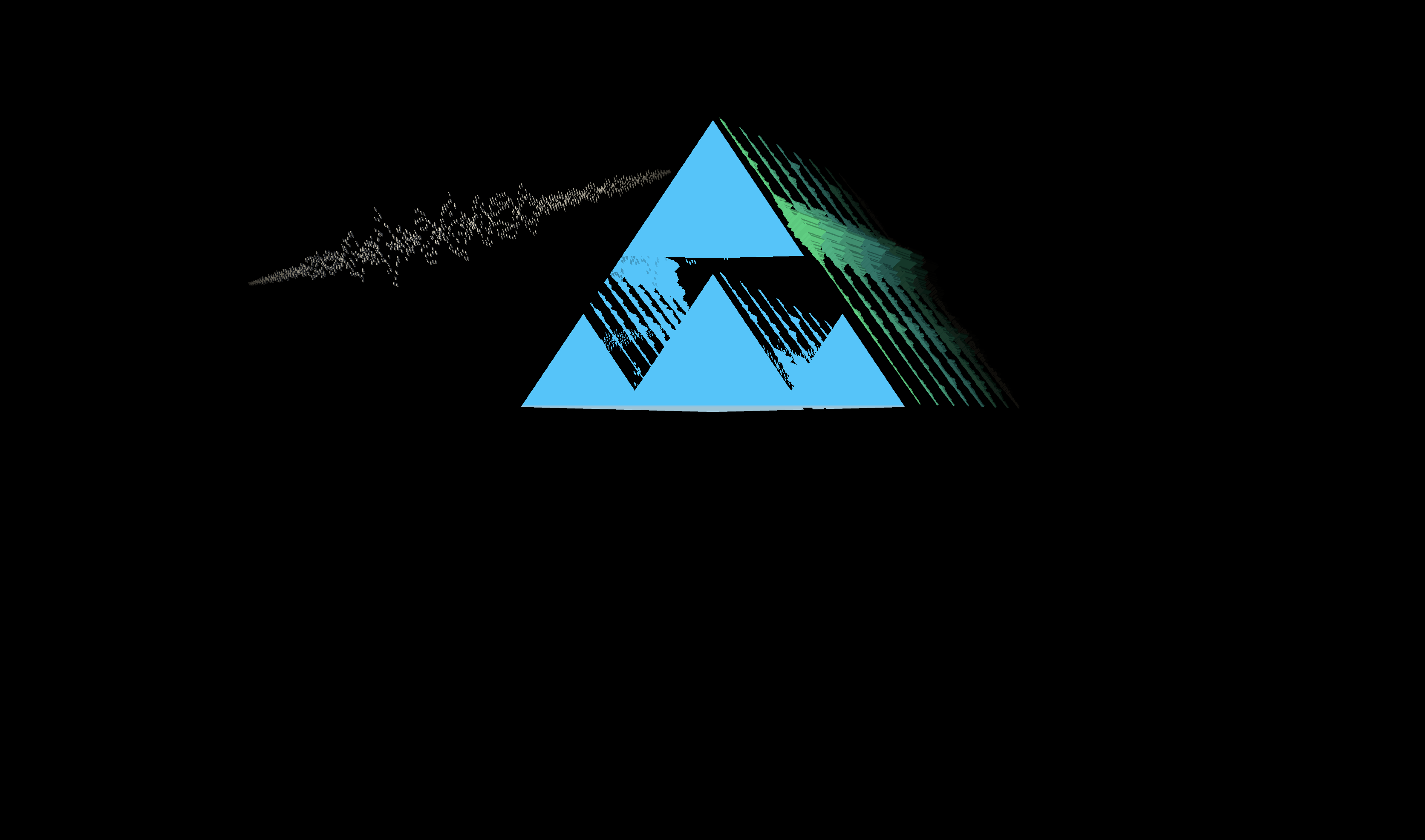 white waveform on the left, green-blue spectogram on the right fading into black background, neon blue triangle reflecting them in between