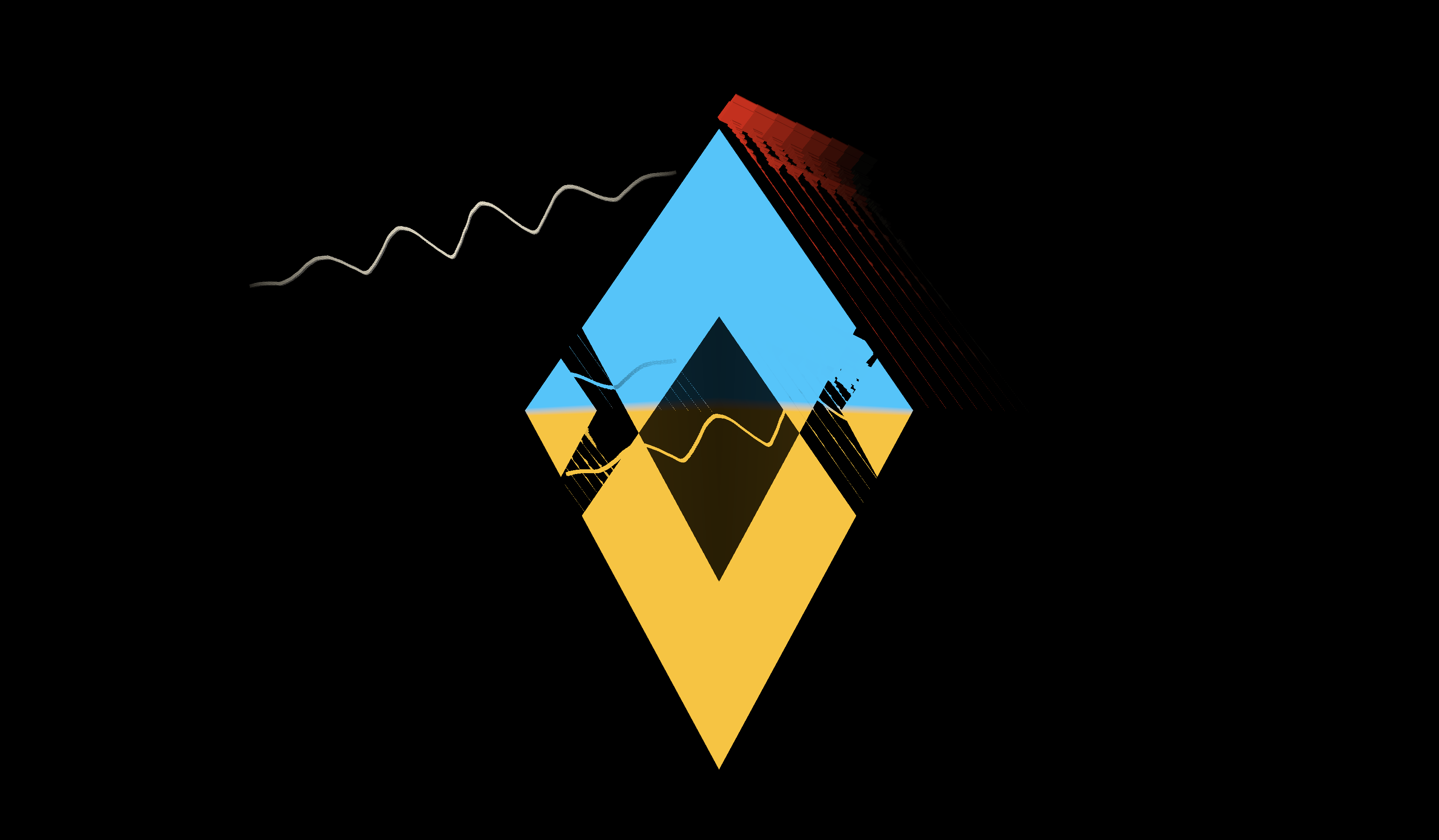 white waveform squiggle on the left, dark red spectogram on the right fading into black background, reflective diamond in between them split between blue top half and orange bottom half