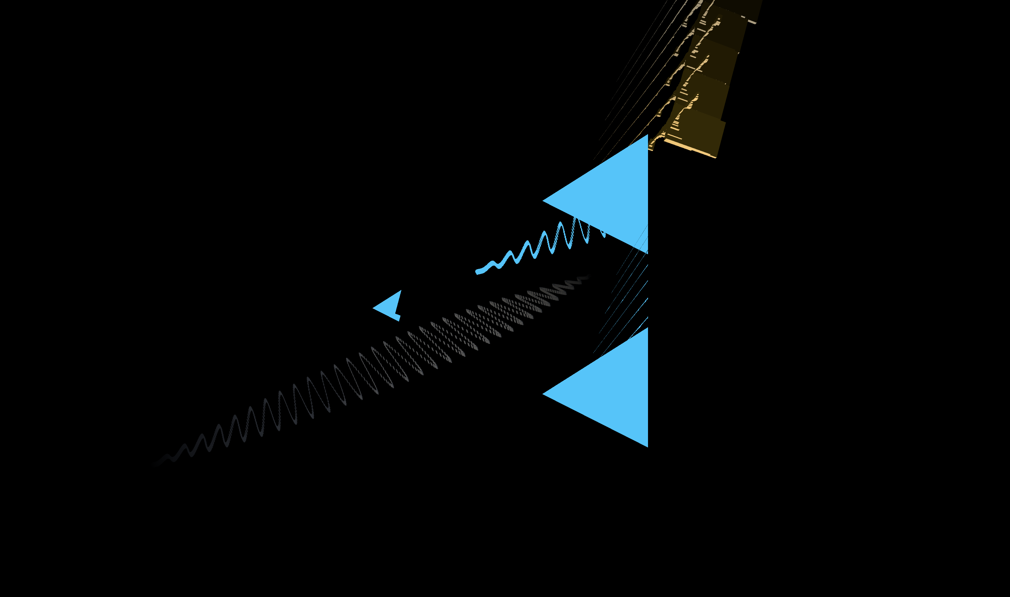 white waveform going into blue and black triangle at an angle, 3D yellow spectogram emerging from other corner of triangle