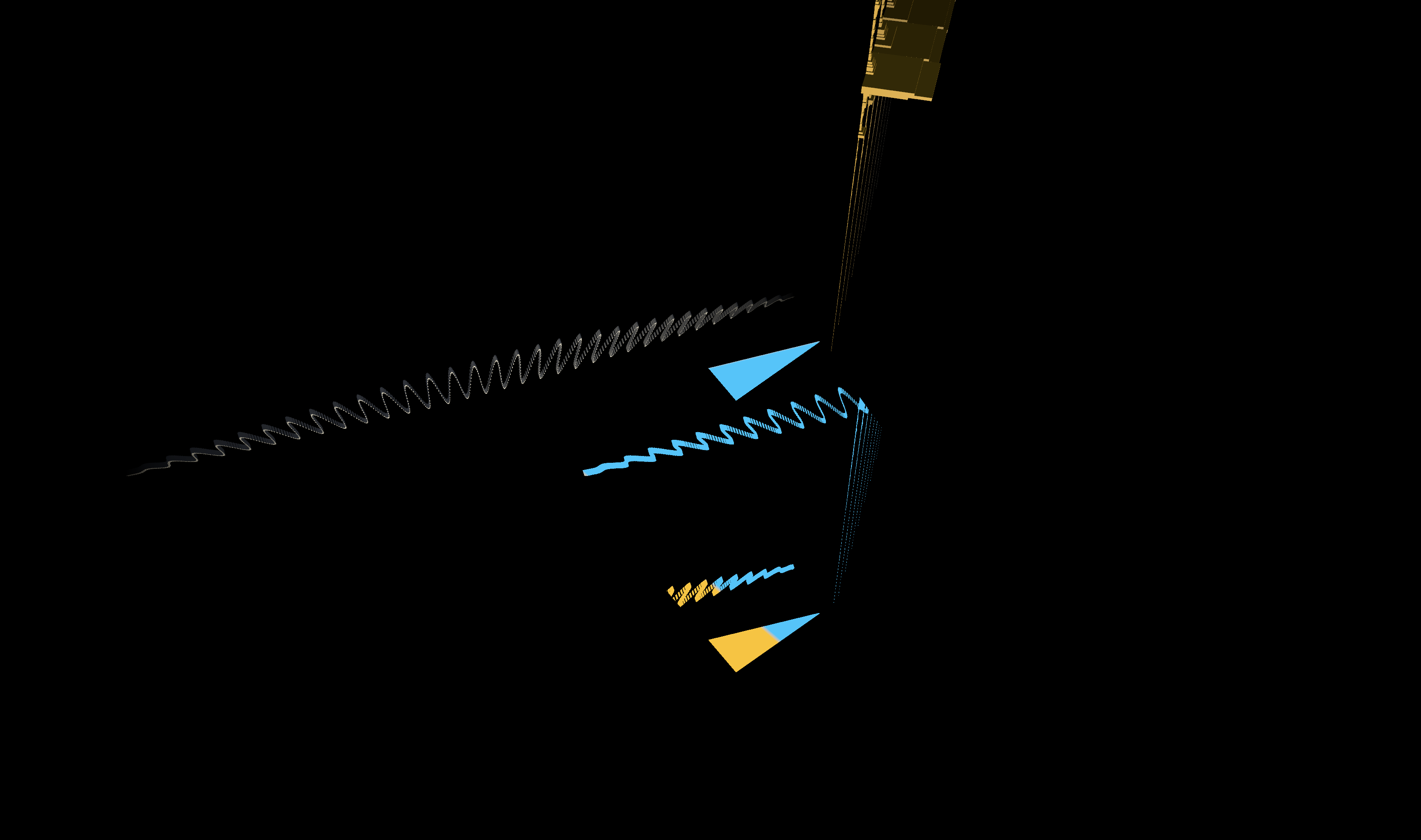 white 3D waveform reflected into a blue, orange, and black shape, 3D yellow spectogram emerging at an angle above