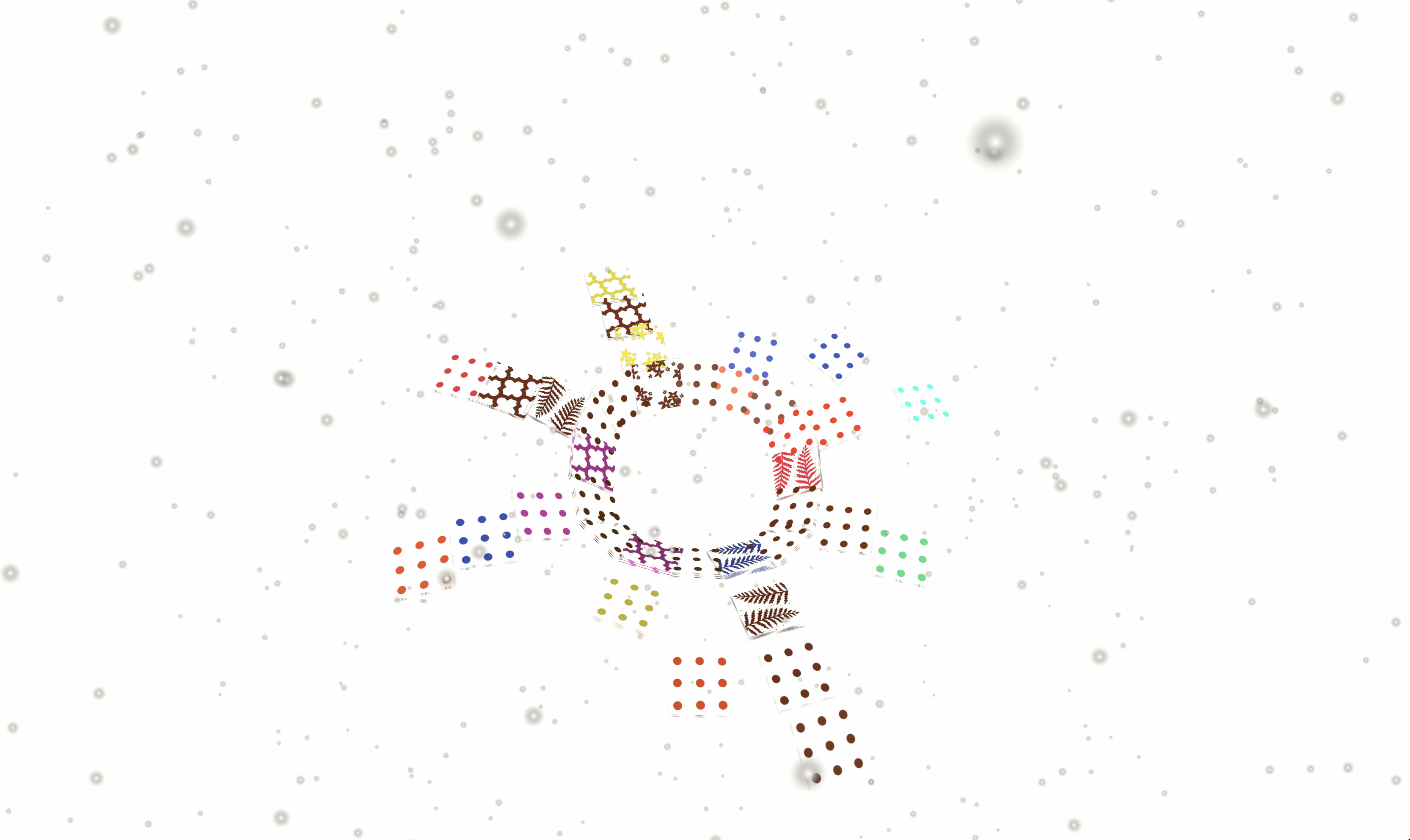 4 concentric circles of transparent tiles, different colours of the rainbow and various patterns like polka dots and flowers; white background with a lots of white fuzzy dots floating down