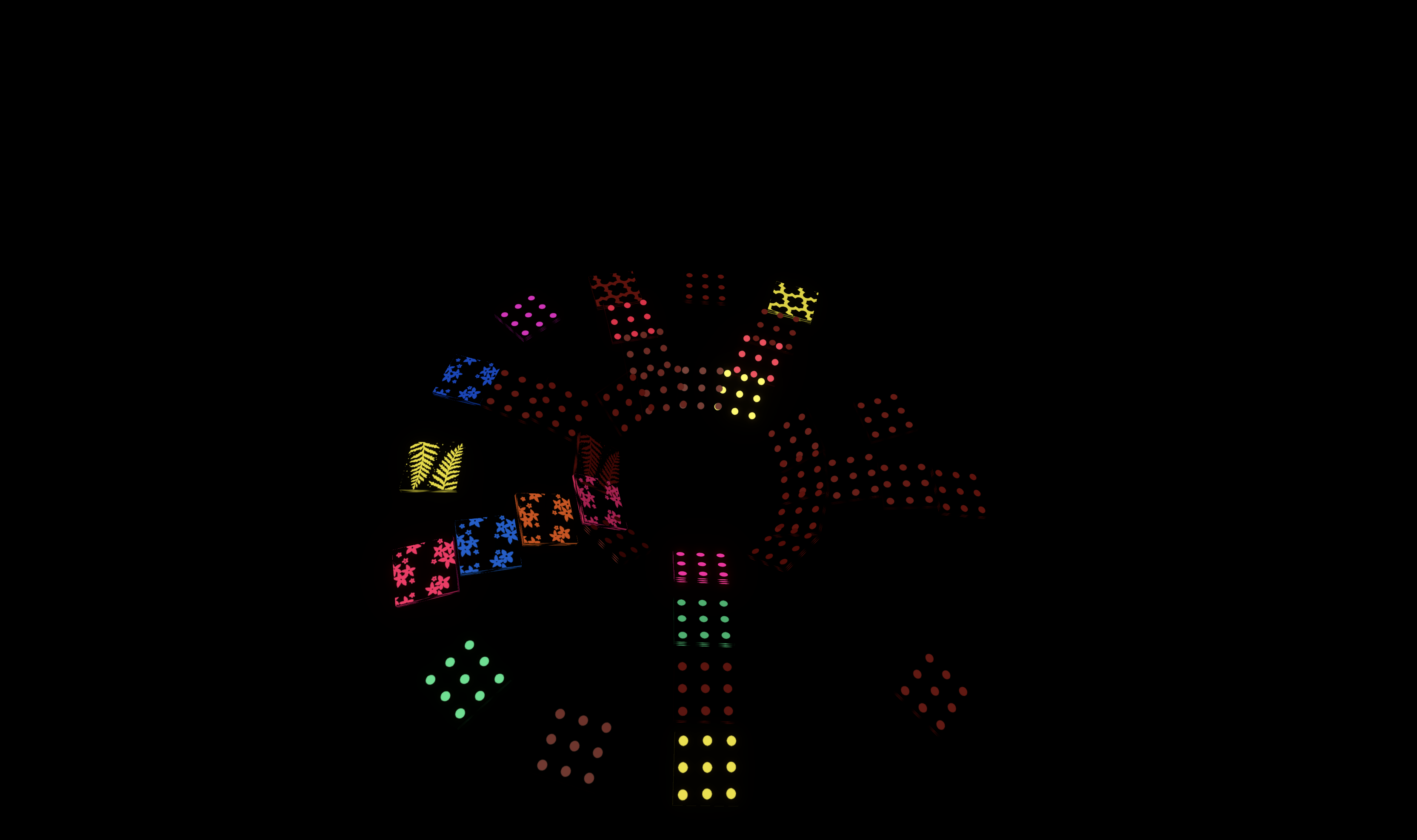 4 concentric circles of transparent tiles, glowing different colours of the rainbow and various patterns like polka dots and flowers; black background