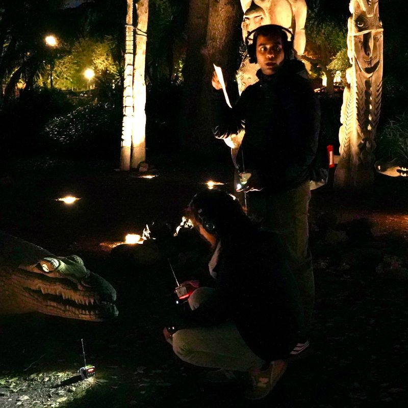 two listeners near a crocodile-shaped bench, both with headphones on, one squatting with her flashlight pointed at the radio transmitter under the crocodile's head, the other standing with a somewhat shocked expression