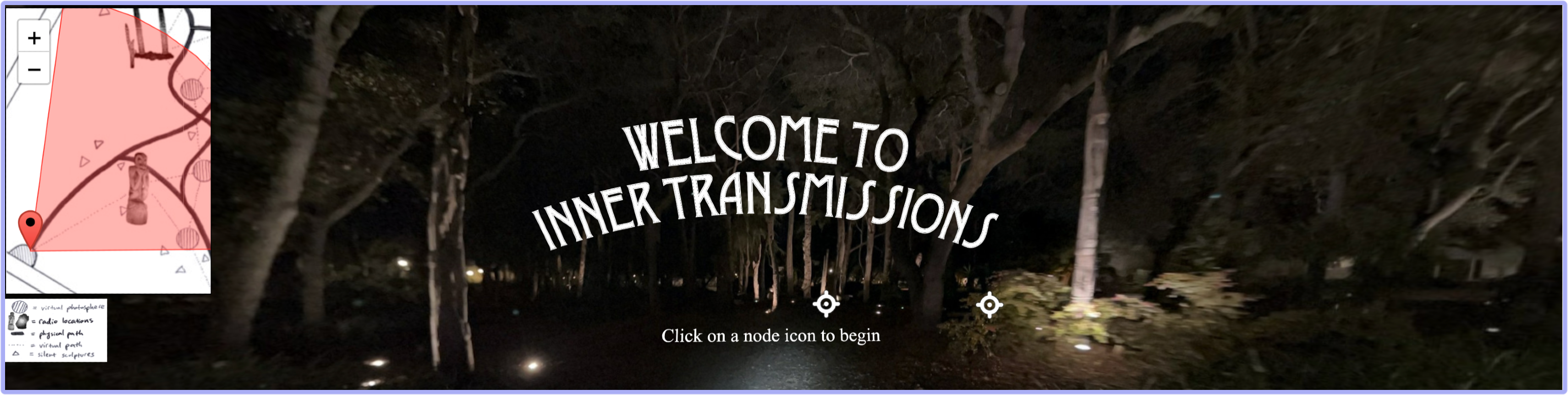 screenshot of the entrance to the web-based installation, the words Welcome to Inner Transmissions, Click on a Node Icon to Begin appear in front of a picture of the Papua New Guinea Sculptture Garden entrance, with a map inset in the top left corner