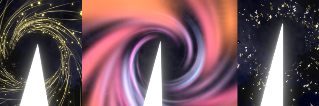 three screenshots of the VR installation, each looking up at an enormous glowing white pillar surrounded by falling stars, pink and blue streaks of light, or flocks of birds