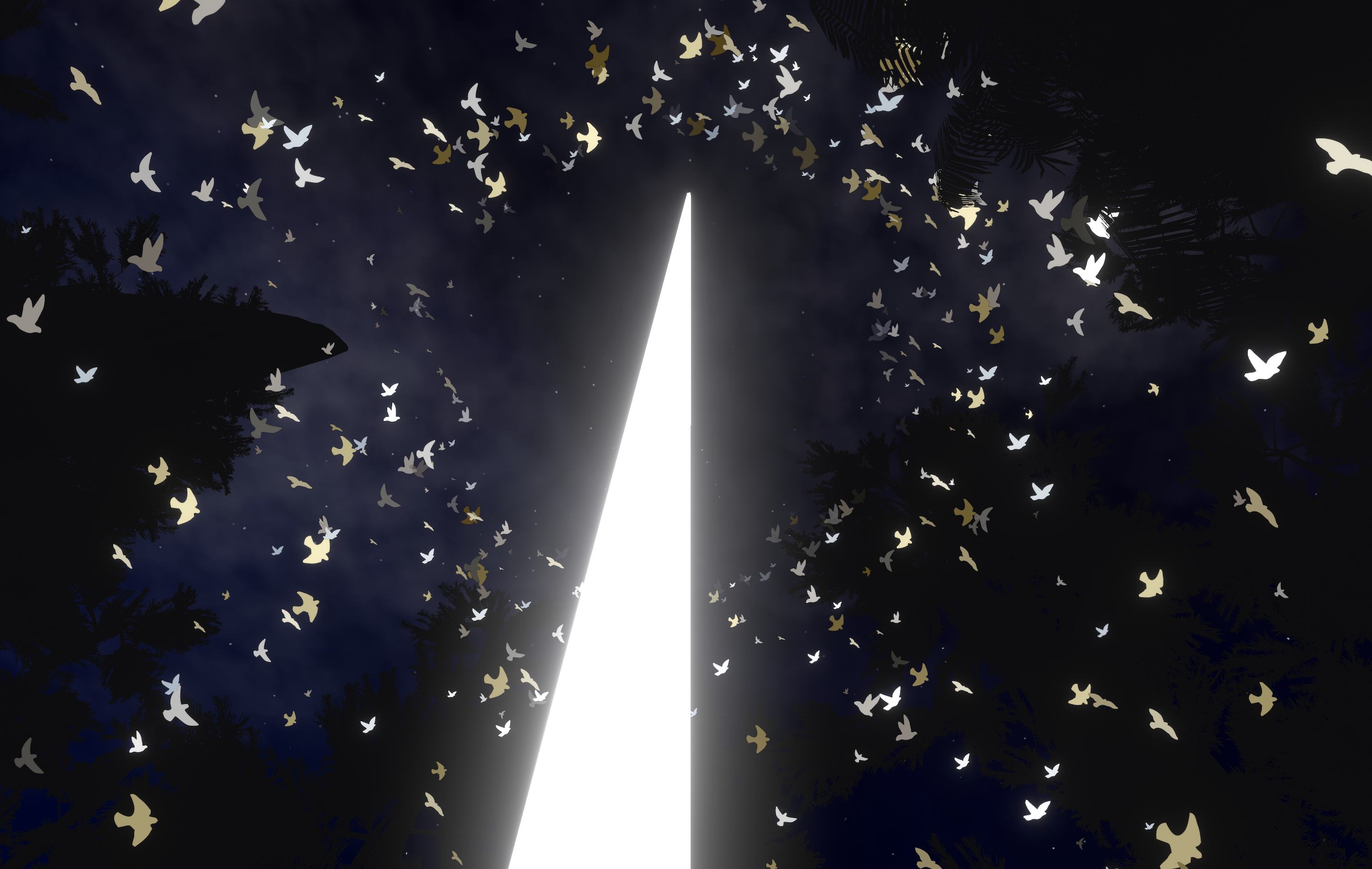 gazing up at an enormous white glowing pillar with cutouts of grey, white, and brown birds swirling around it, trees silhouetted in the background