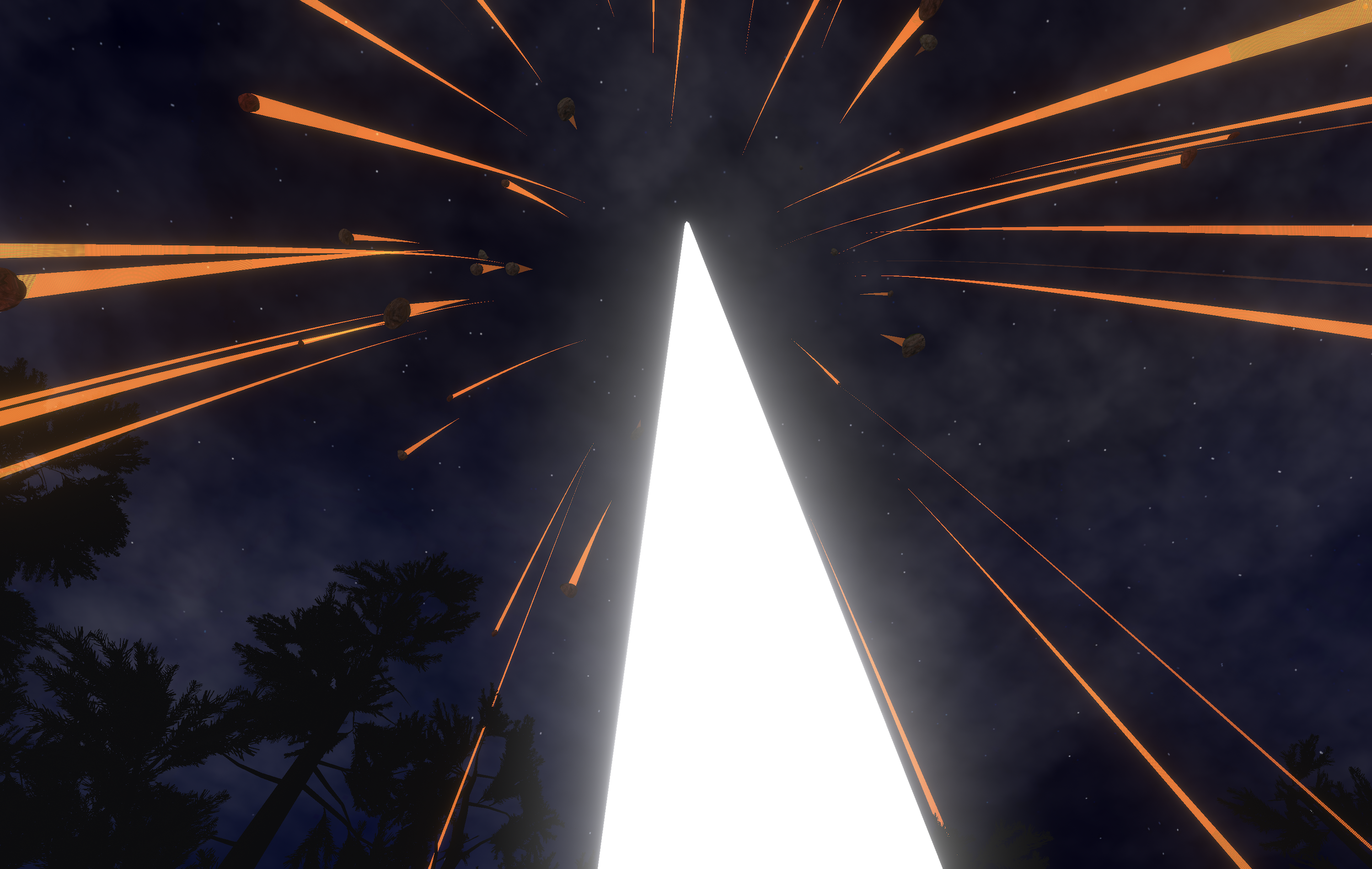 gazing up at an enormous white glowing pillar with a ring of meteors falling around it, dark rocks leaving orange streaks behind them, nearby trees silhouetted in the night
