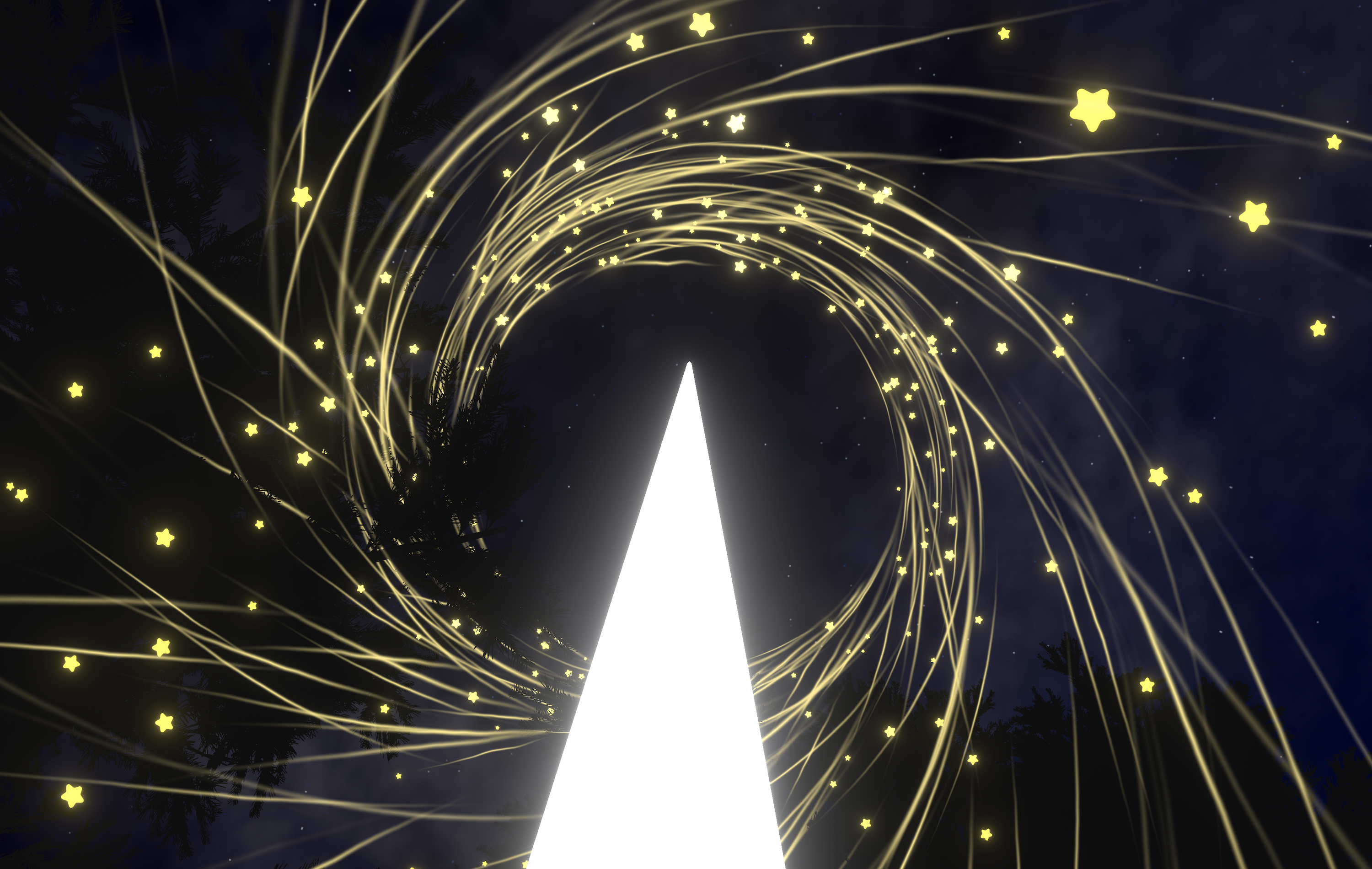 gazing up at an enormous white glowing pillar with glowing tiny yellow stars falling around it, leaving behind soft trails, nearby trees silhouetted black