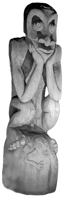black and white image of a wooden sculpture of a man, inspired by Rodin's The Thinker; head in his hands, elbows on his knees, squatting on a pedestal