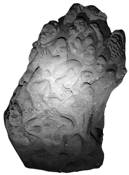 black and white image of a stone sculpture, a mass of writhing bodies, entangled arms, legs, and heads