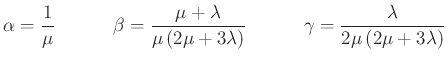 $\displaystyle \alpha = \frac{1}{\mu}\hspace{0.5in}\beta = \frac{\mu+\lambda}{\mu\left(2\mu+3\lambda\right)}\hspace{0.5in}\gamma =\frac{\lambda}{2\mu\left(2\mu+3\lambda\right)}$