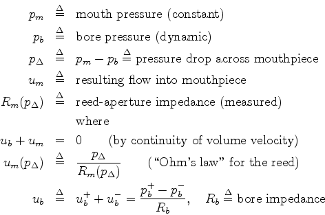 \begin{eqnarray*}
p_m&\mathrel{\stackrel{\mathrm{\Delta}}{=}}& \hbox{mouth press...
... R_b\mathrel{\stackrel{\mathrm{\Delta}}{=}}\hbox{bore impedance}
\end{eqnarray*}