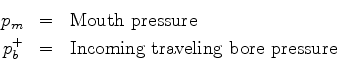 \begin{eqnarray*}
p_m&=& \hbox{Mouth pressure} \\
p_b^{+}&=& \hbox{Incoming traveling bore pressure}
\end{eqnarray*}